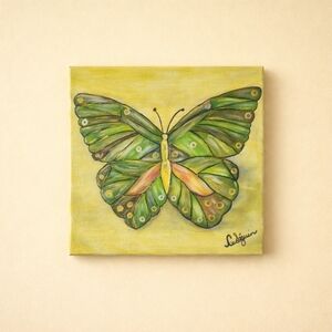 Green & Yellow ORIGINAL Butterfly Canvas Art - 12"x12"